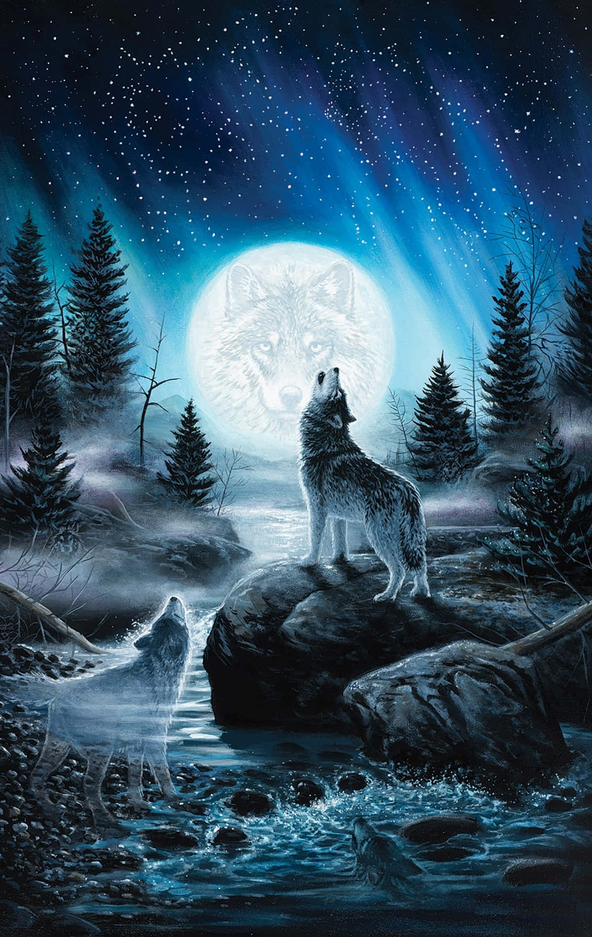 A Lone Howling Wolf Against a Misty Night Sky