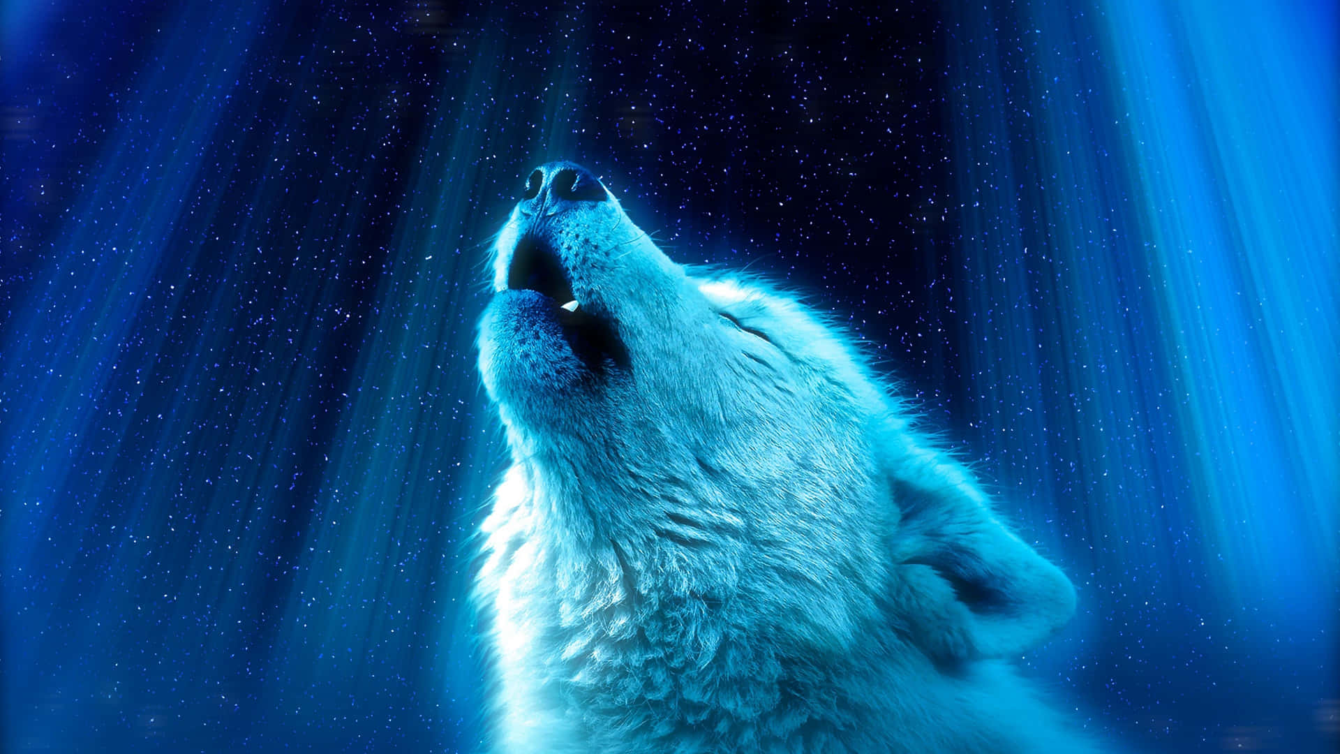 A wild Howling Wolf stands atop a mountain gloriously howling at the night sky.