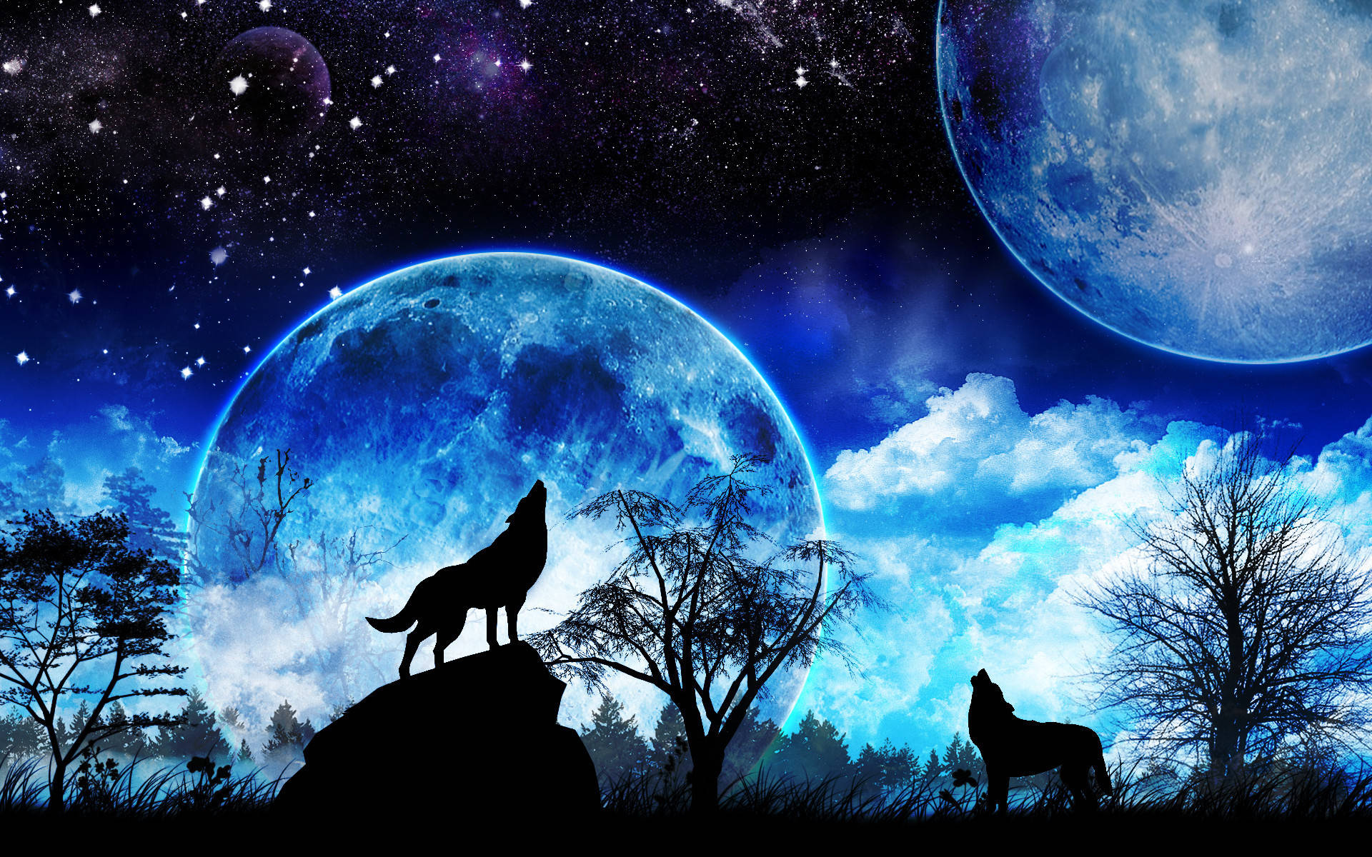 Howling Wolves And Galaxy Moon Wallpaper