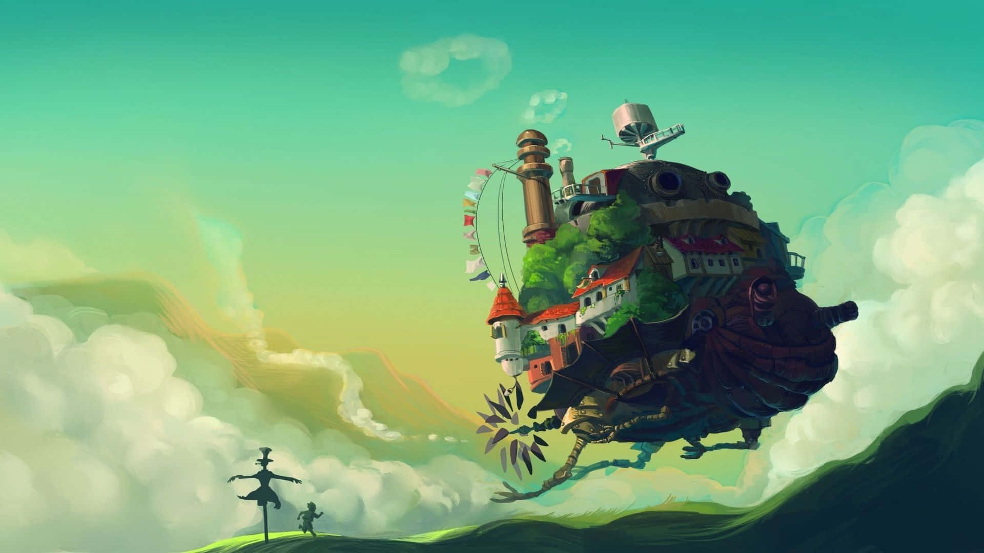 Howls Moving Castle Flying Over Clouds Wallpaper