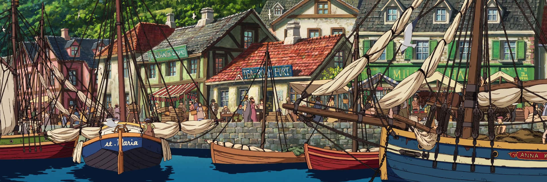 Howls Moving Castle Port Town Scene Wallpaper