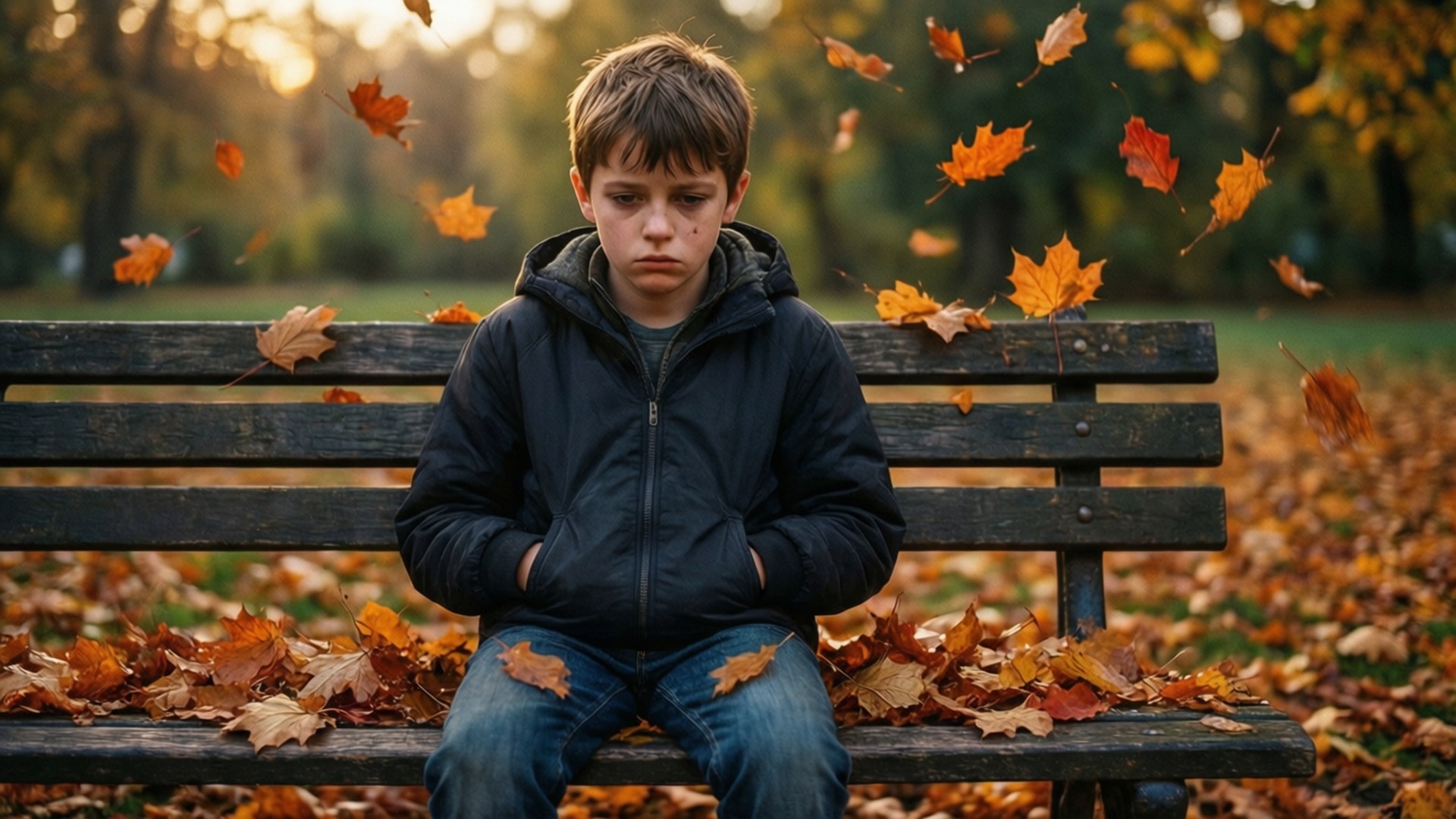 Autumn Bench Wallpaper — A sad boy sits alone on a park bench surrounded by falling autumn leaves under warm golden light.