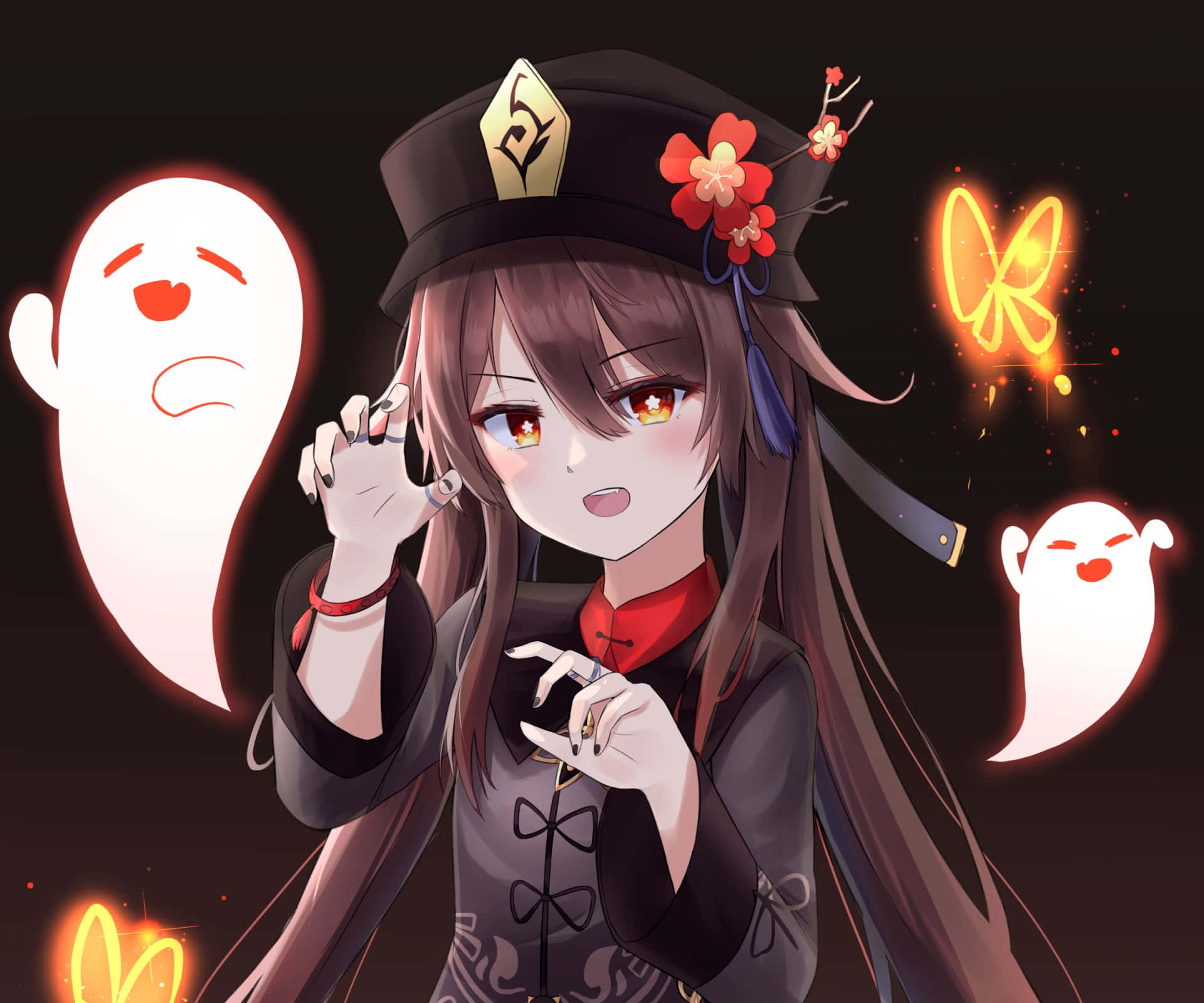 a girl in a black hat with ghosts on her face