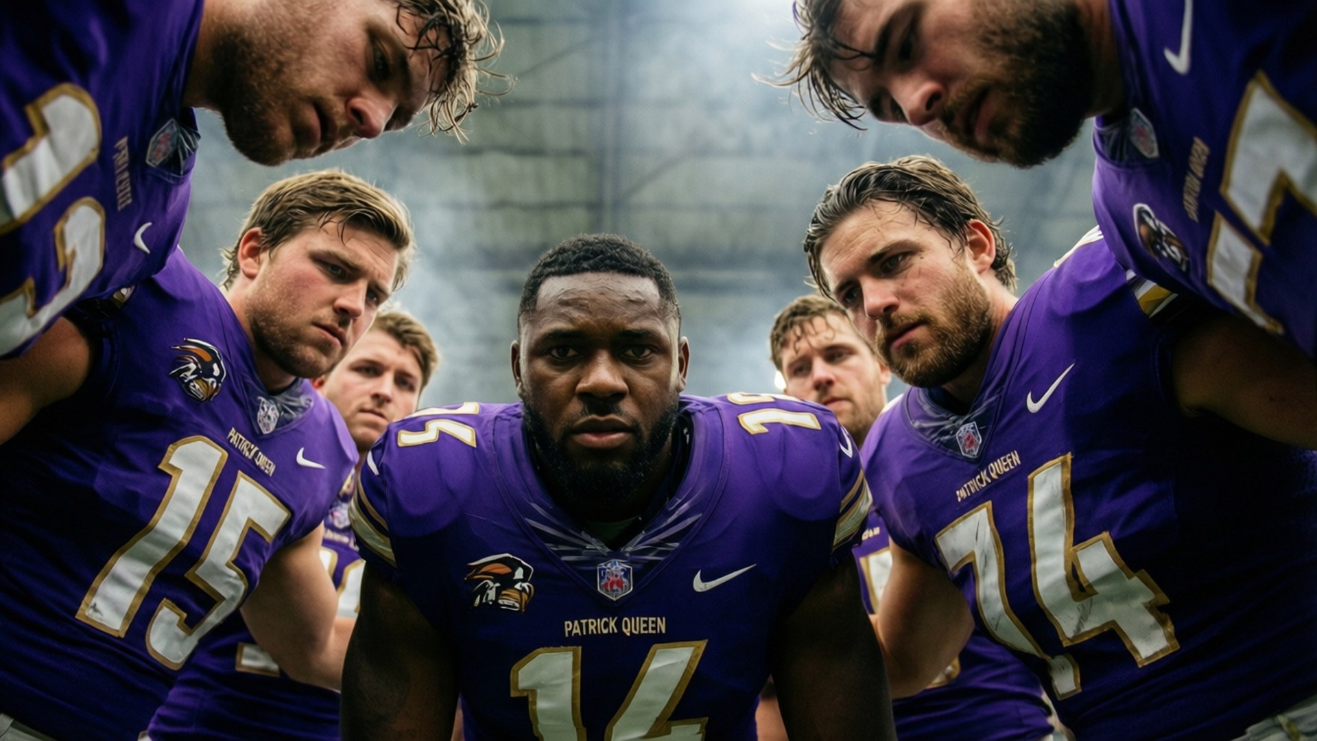 Football team huddles in purple jerseys before a game.