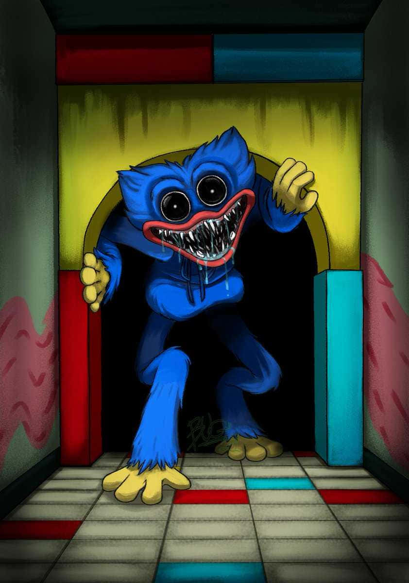 A Blue Monster Is Standing In A Doorway