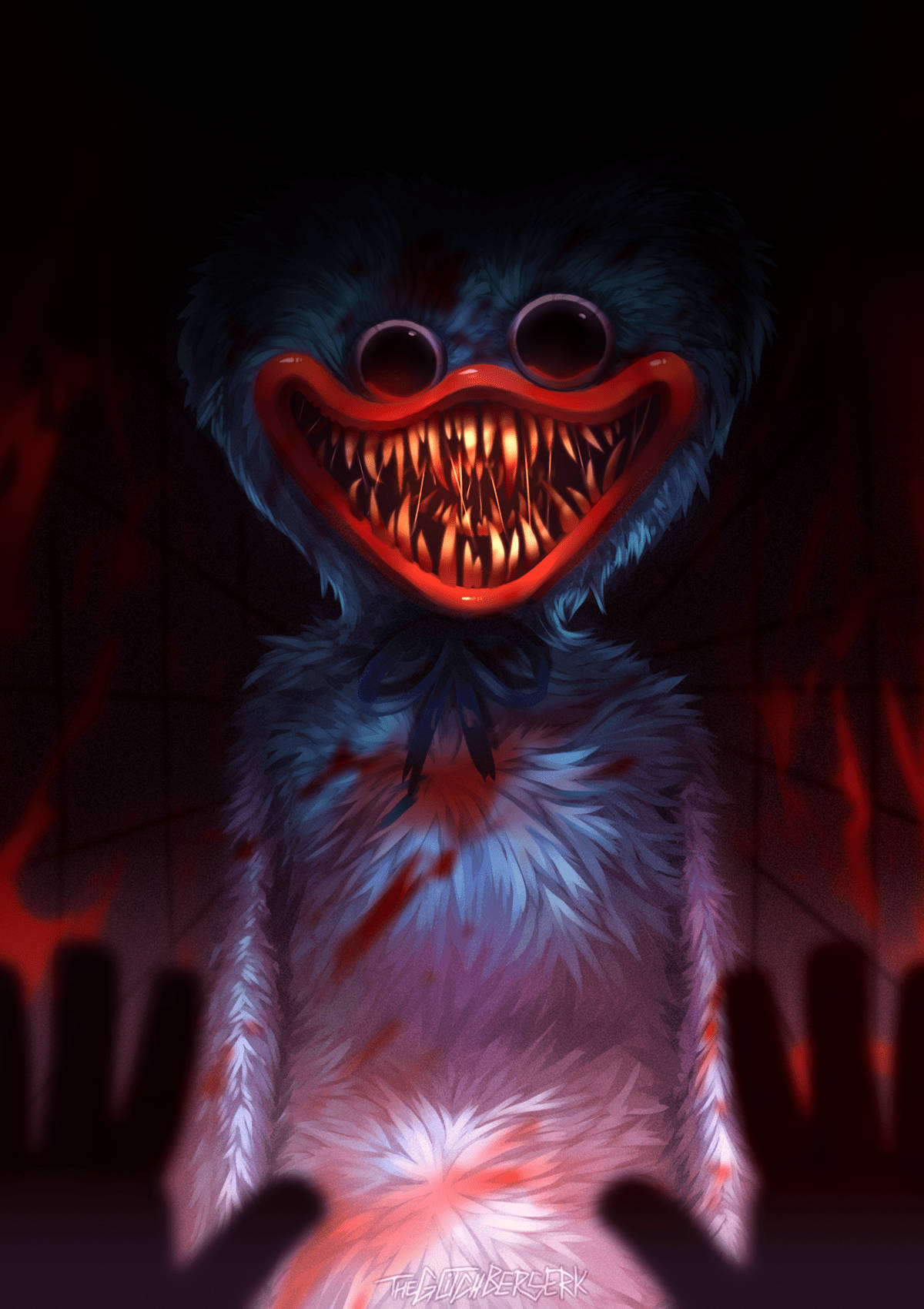 Huggy Wuggy revealing razor-sharp teeth in a chilling grin Wallpaper