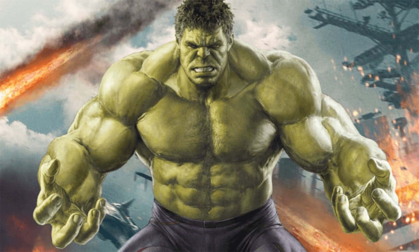 Den utrolige Hulk raser i et tegneserie landskab.