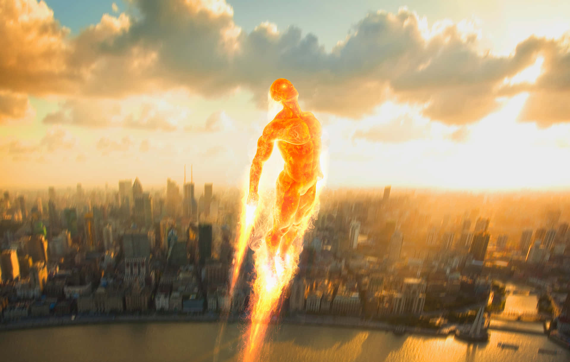 Human Torch Soaring Above City Wallpaper