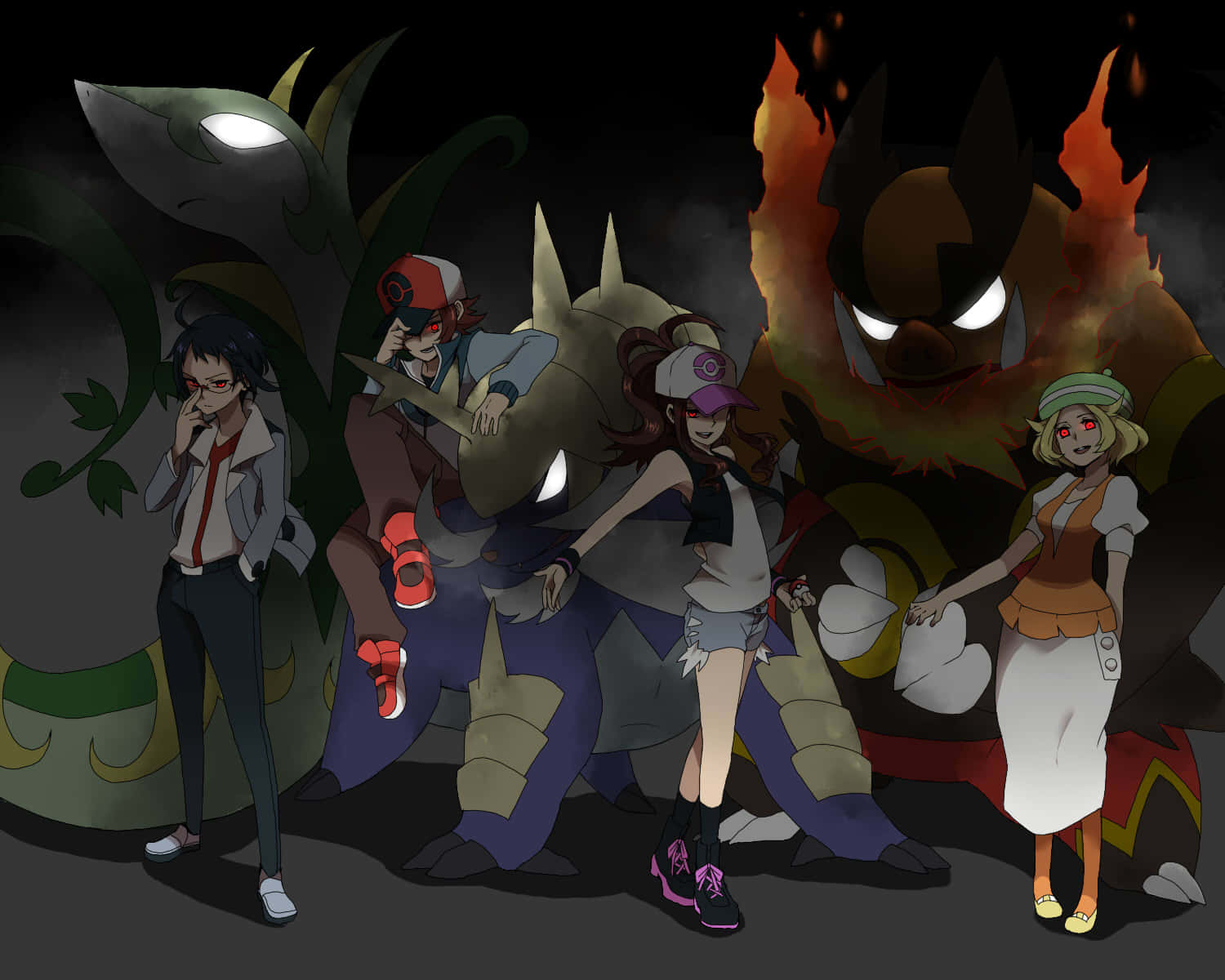 Humans With Pokemon Species And Emboar Behind Wallpaper