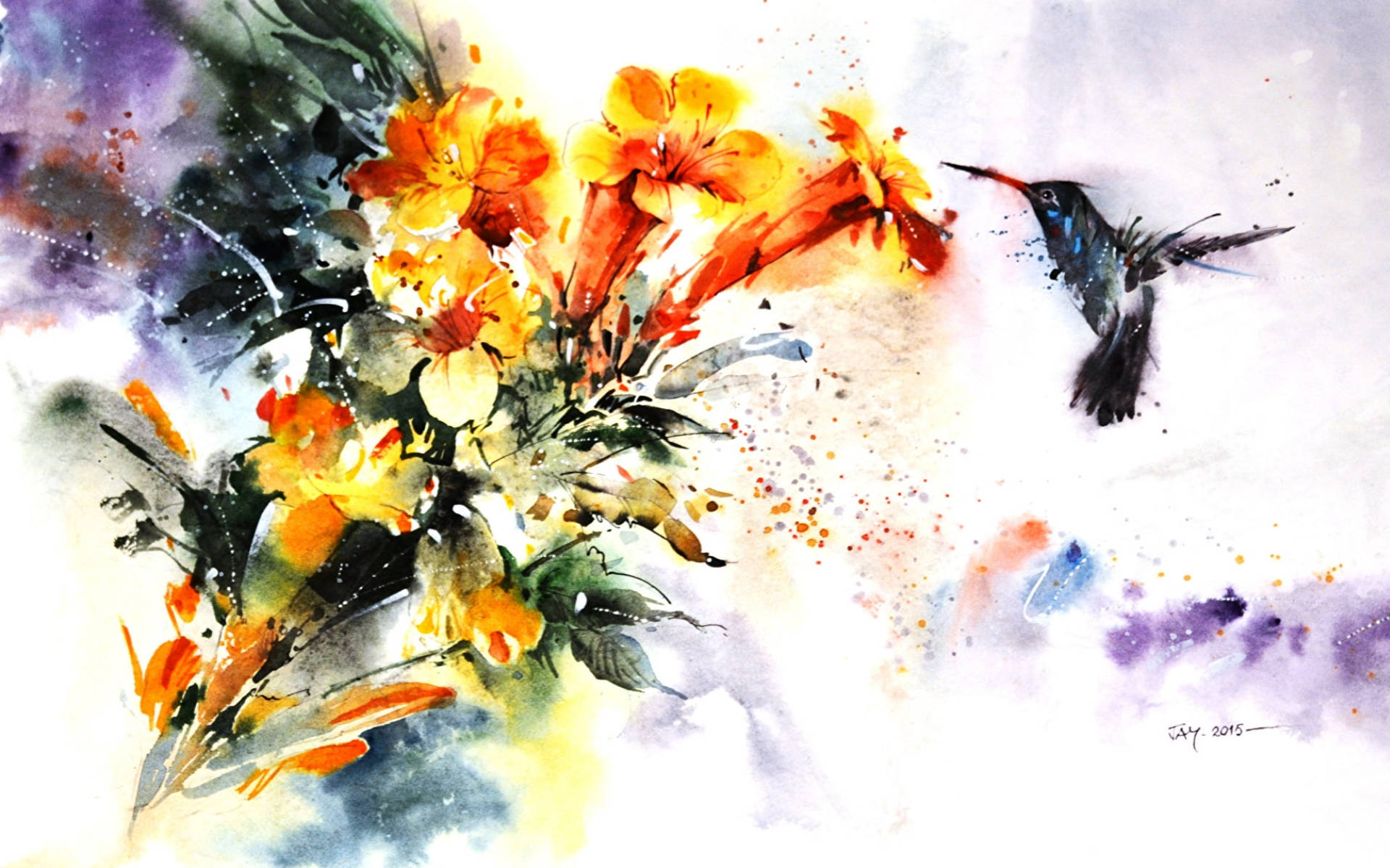 Kolibri Og Blomster Maleri Wallpaper