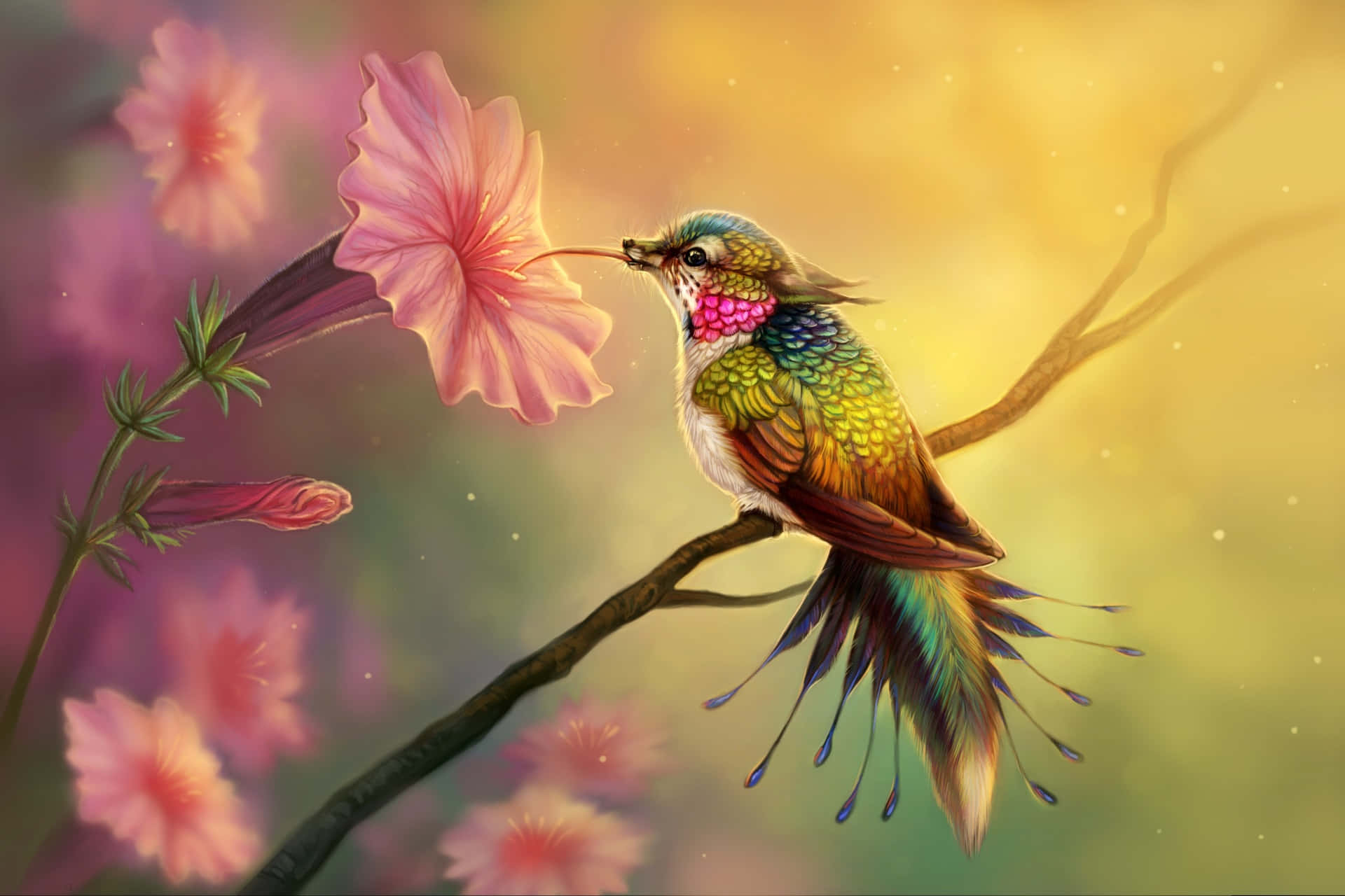 An exquisite hummingbird perched on a branch surrounded by blossoms