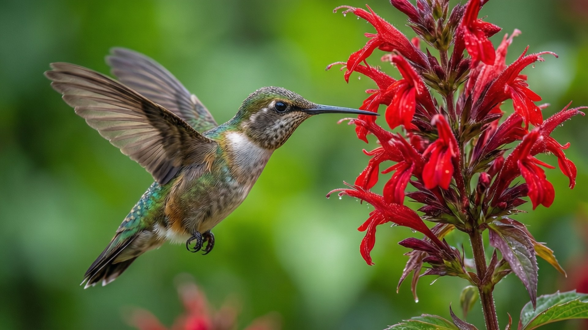 Kolibrie zwevend bij rode bloem met vleugels in beweging