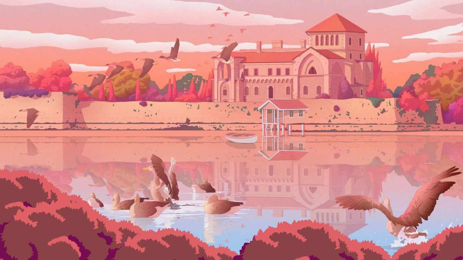 Hungary Tata Castle, Lake Öreg Desktop Pink Aesthetic Wallpaper