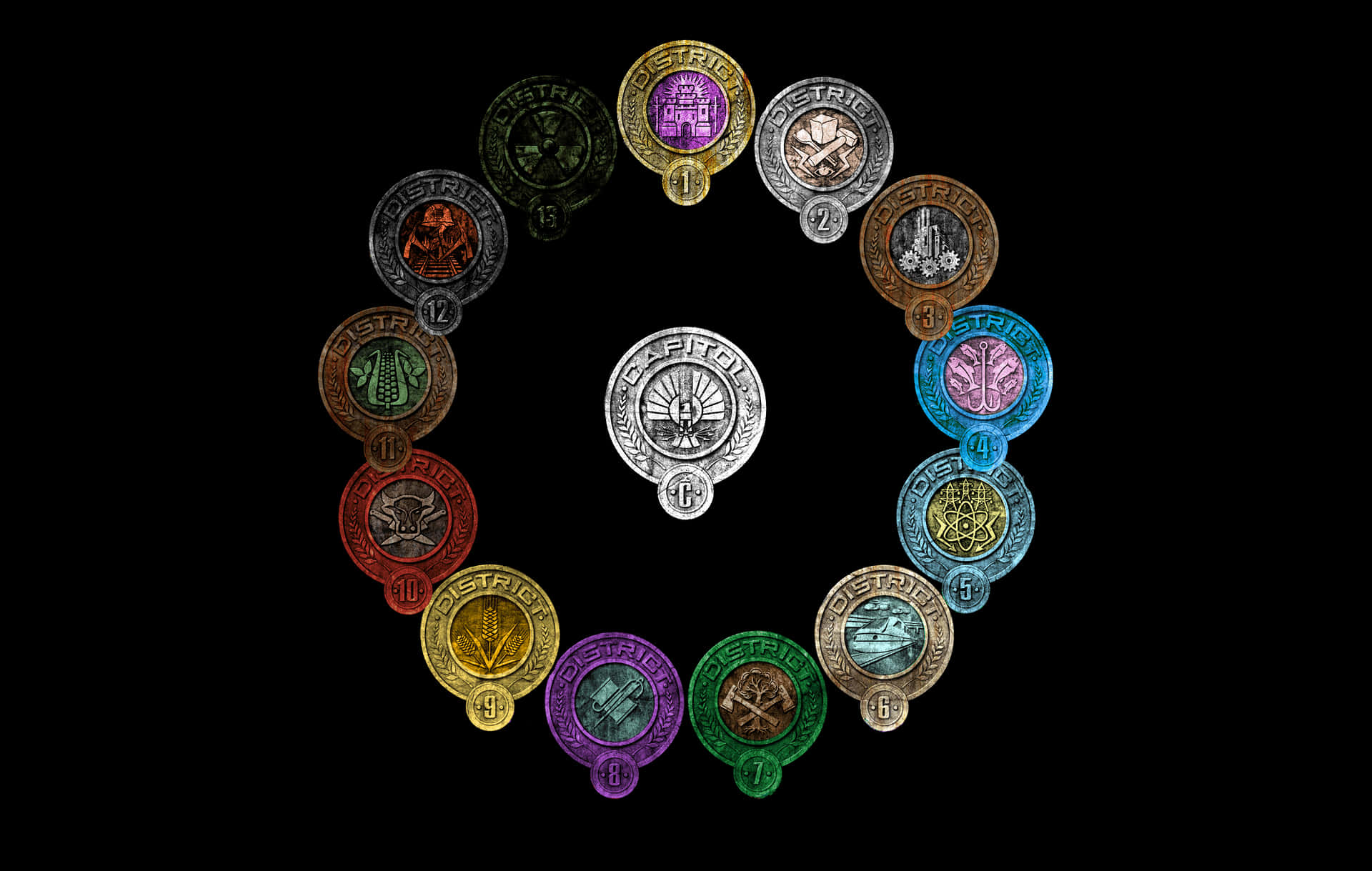 A Circle Of Colored Coins With A Black Background