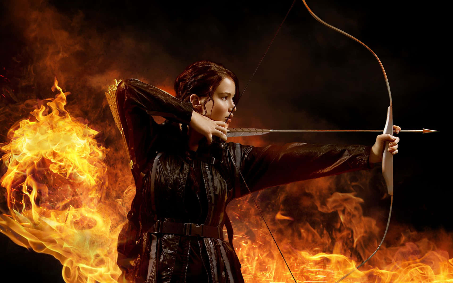 A Woman Is Aiming A Bow And Arrow At Fire