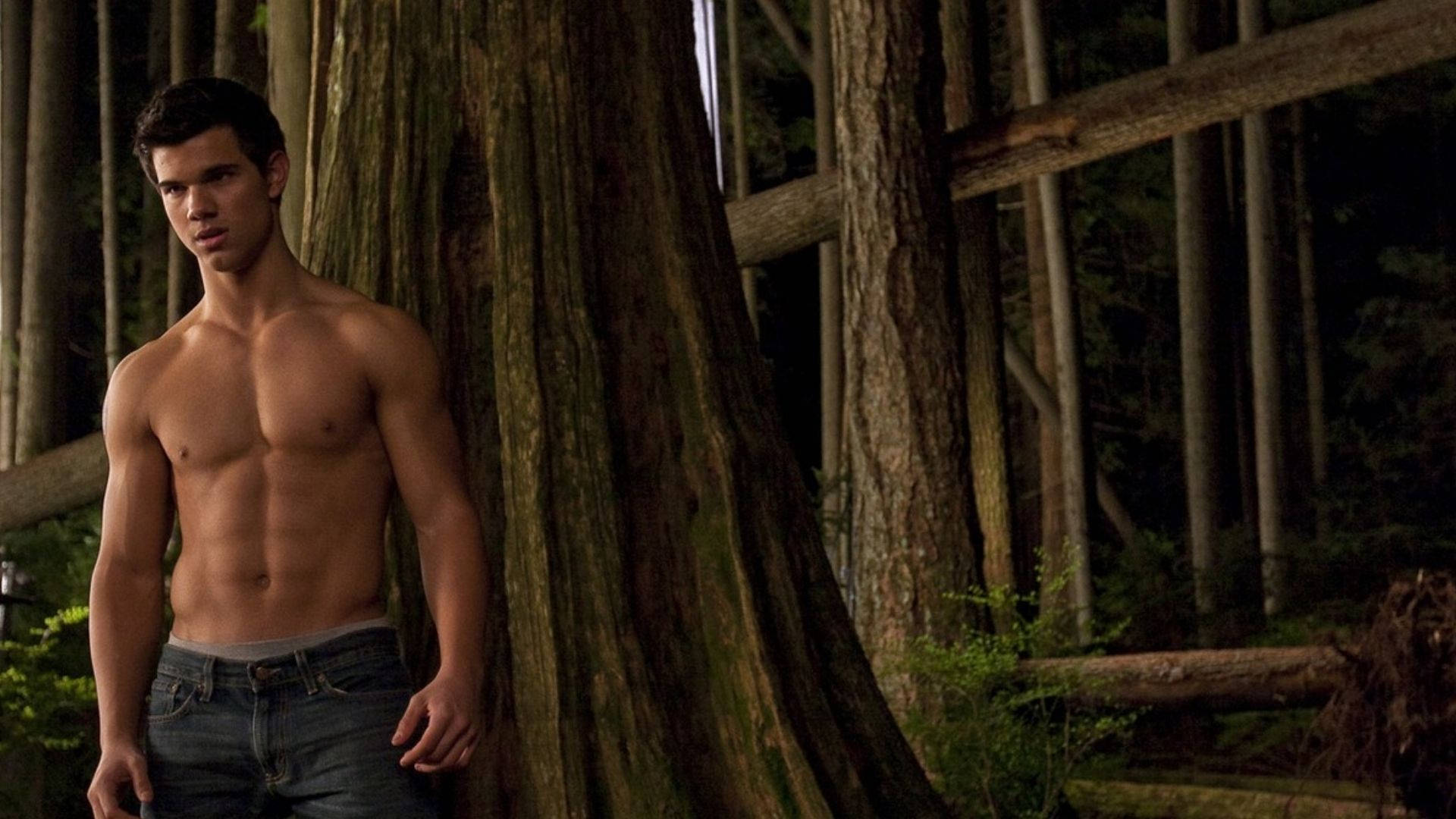 Hunktaylor Lautner I Skogen. (this Would Be A Suitable Phrase For A Computer Or Mobile Wallpaper Image Of Actor Taylor Lautner In A Forest Setting.) Wallpaper