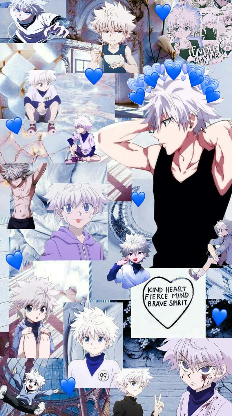 Et collage af anime-karakterer med blå hjerter Wallpaper