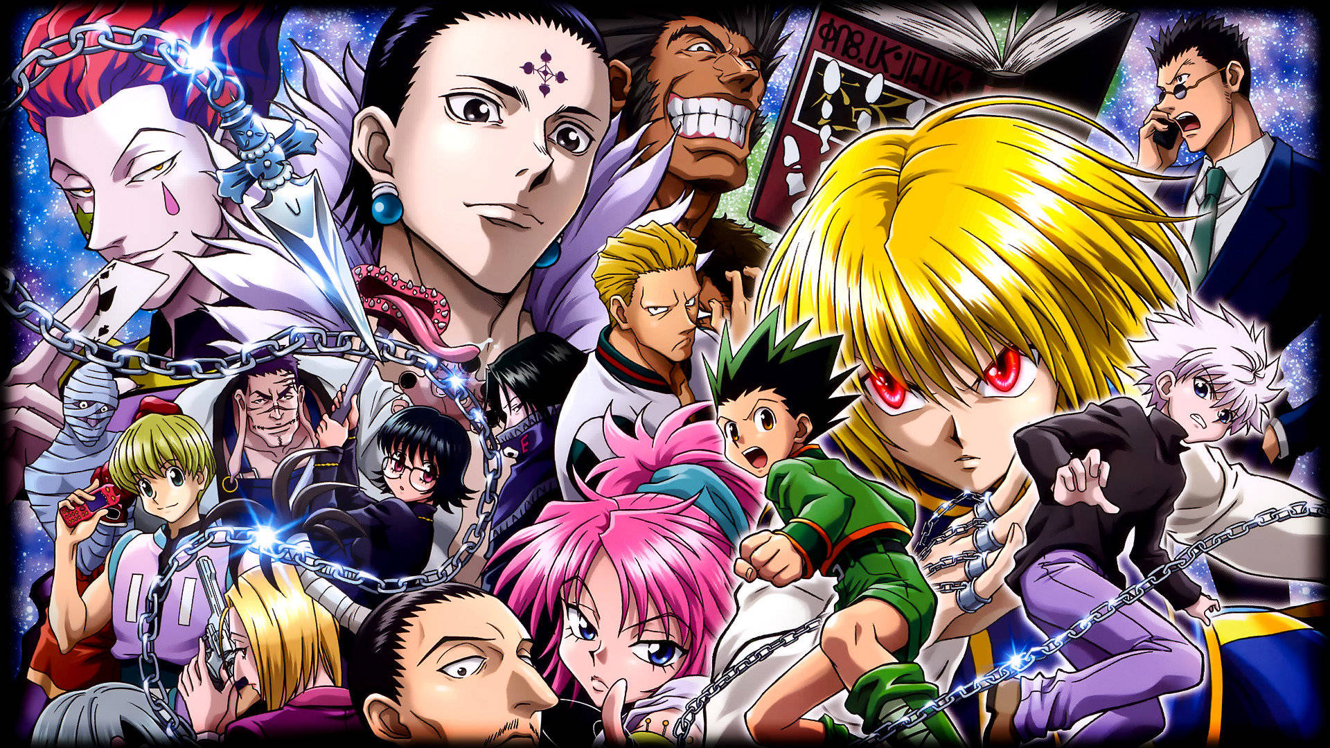 “The gang’s all here! Meet Gon, Killua, Leorio, Kurapika, and Hisoka, the main cast of Hunter X Hunter.” Wallpaper