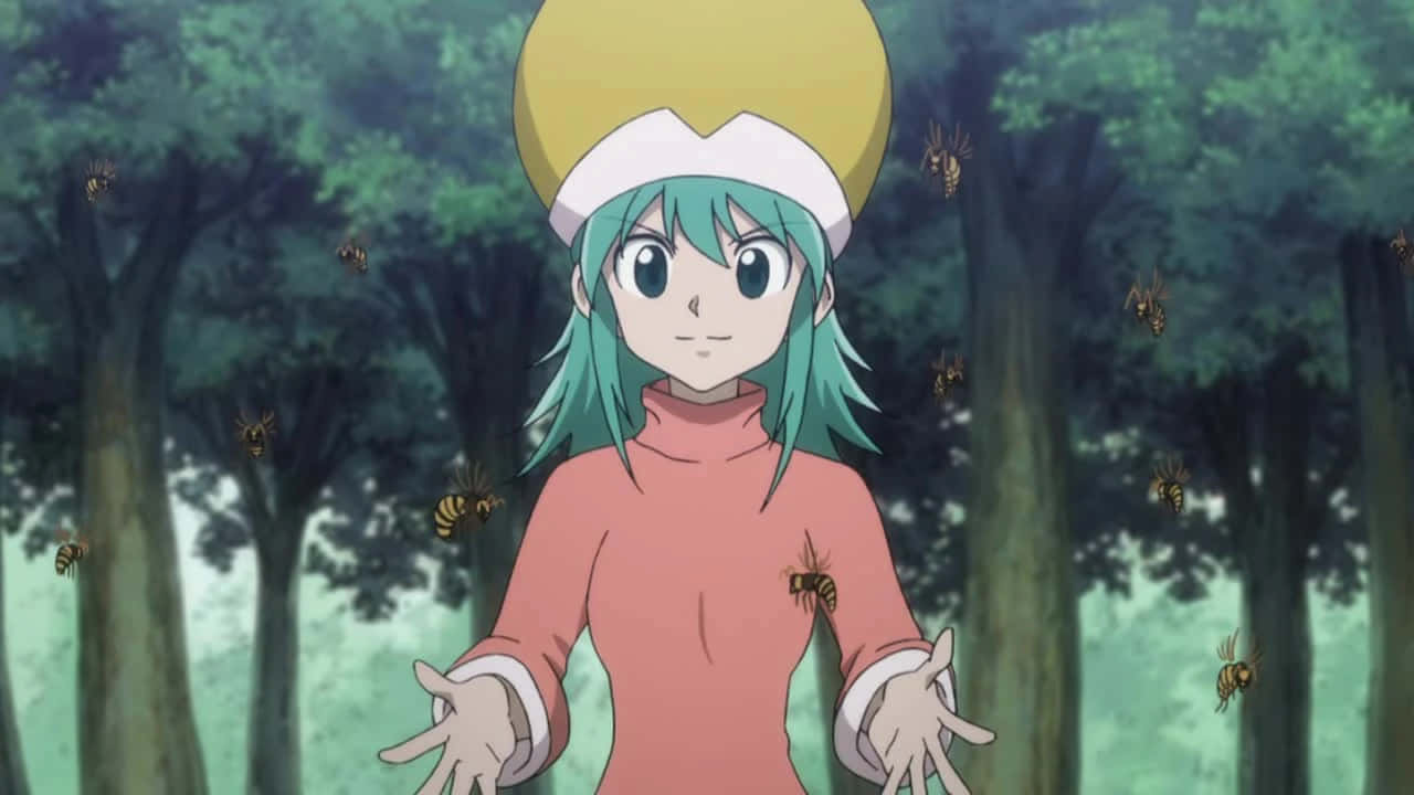 Ponzu from Hunter X Hunter, standing confidently with her bee hive hat. Wallpaper