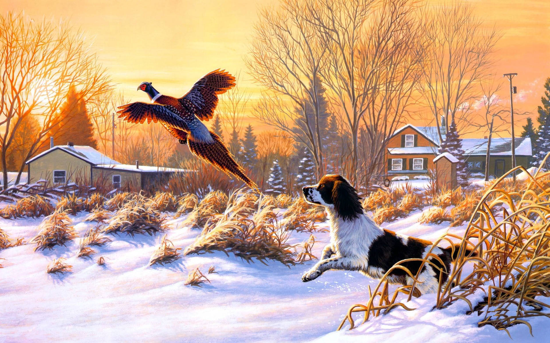 Hunting in Nature - Dog Chases After Wild Bird Wallpaper