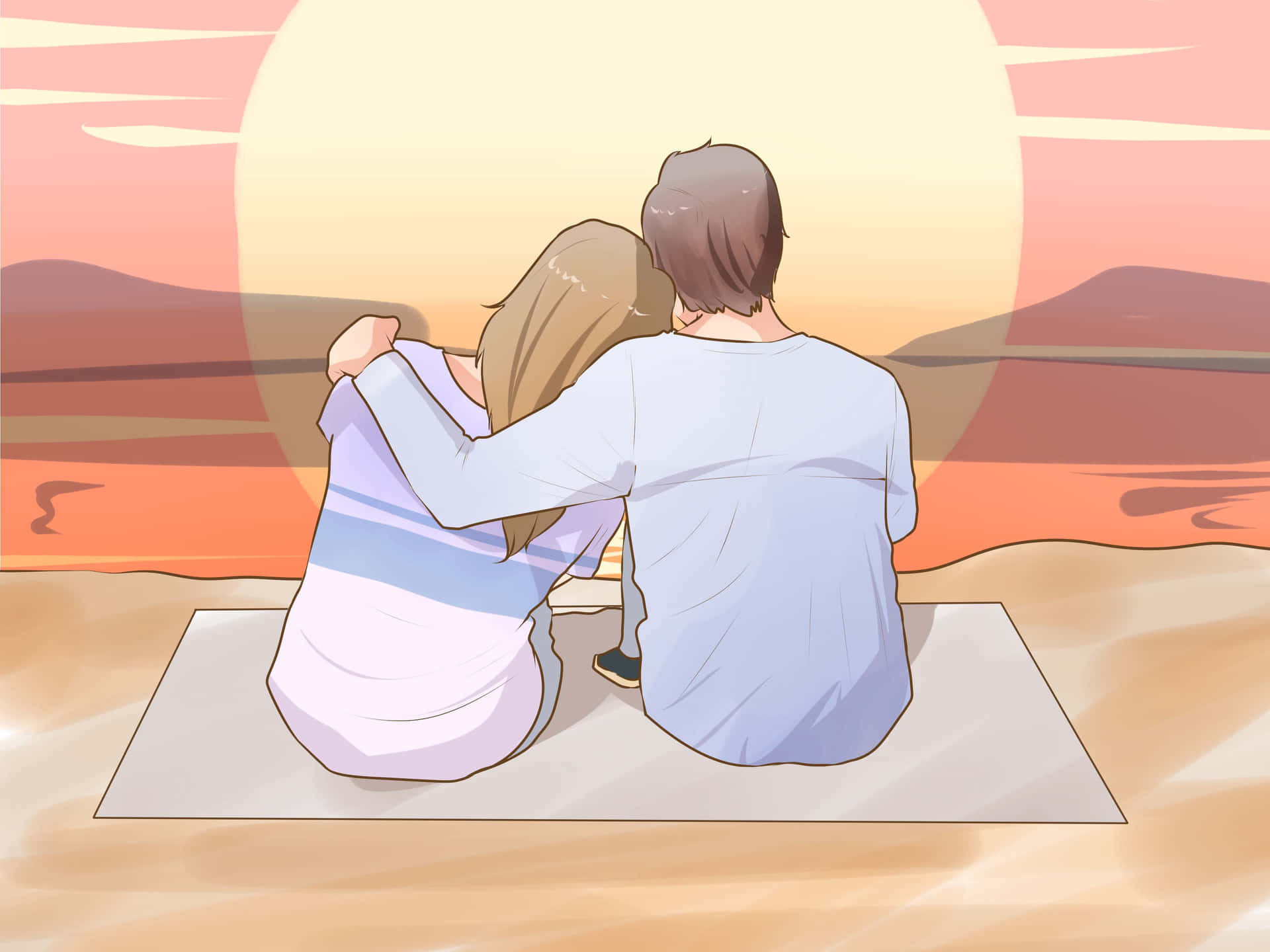 Download Husband And Wife Cartoon Watching Sunset Wallpaper 