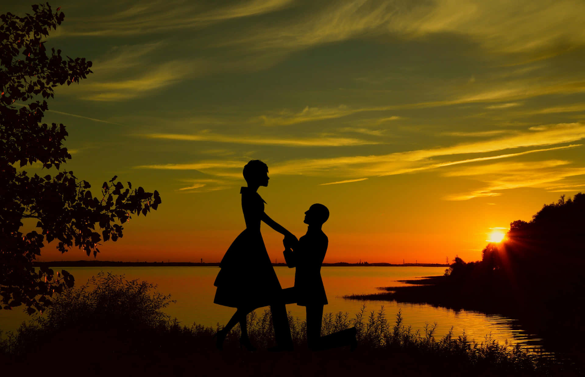 Husband And Wife Dancing By Lake Sunset Wallpaper