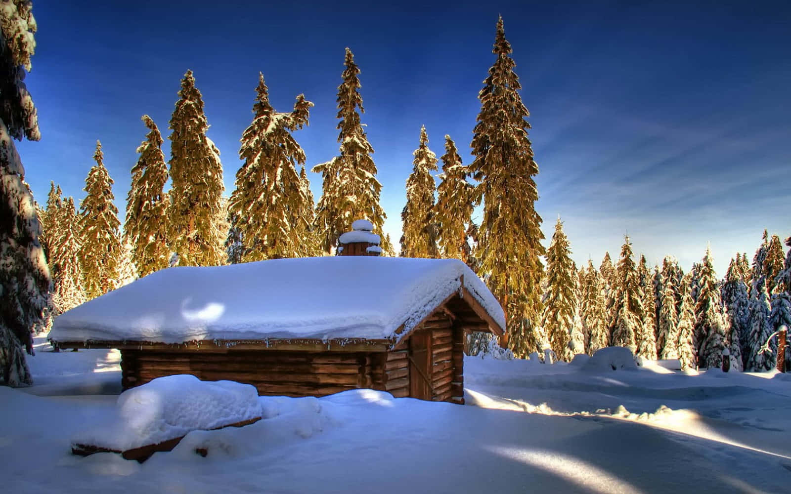 A Small Cabin In The Snow Covered Forest