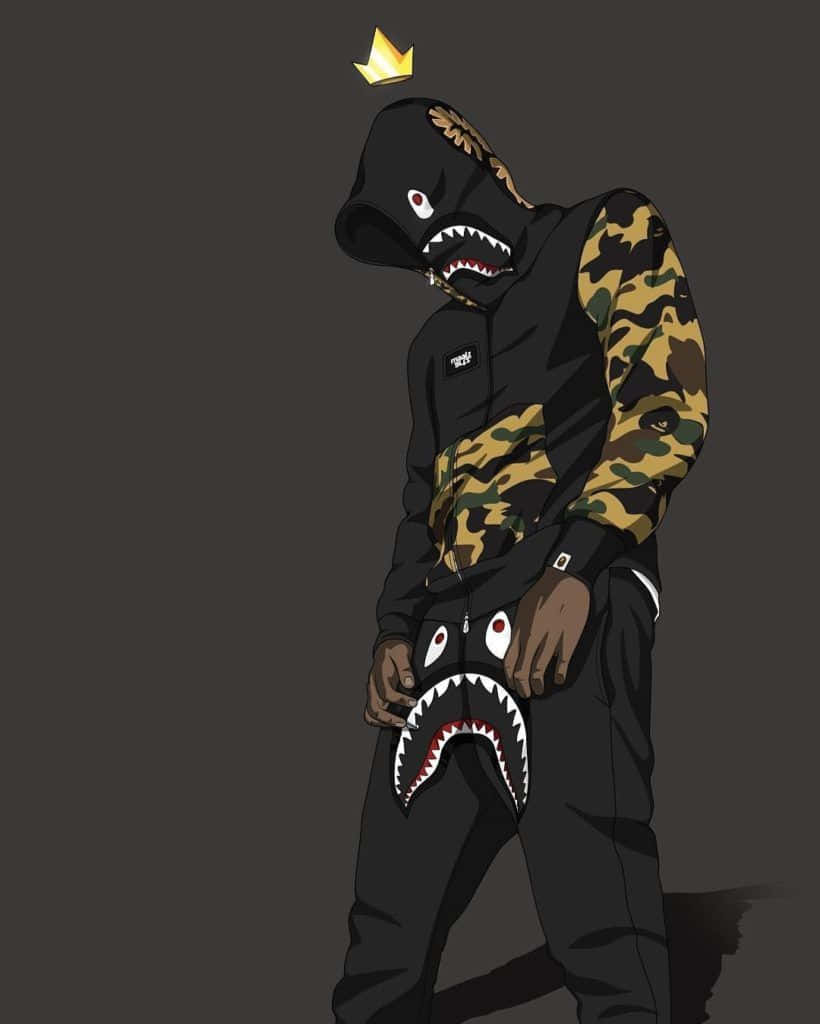 A Bathing Ape In A Camouflage Outfit With A Shark On His Head