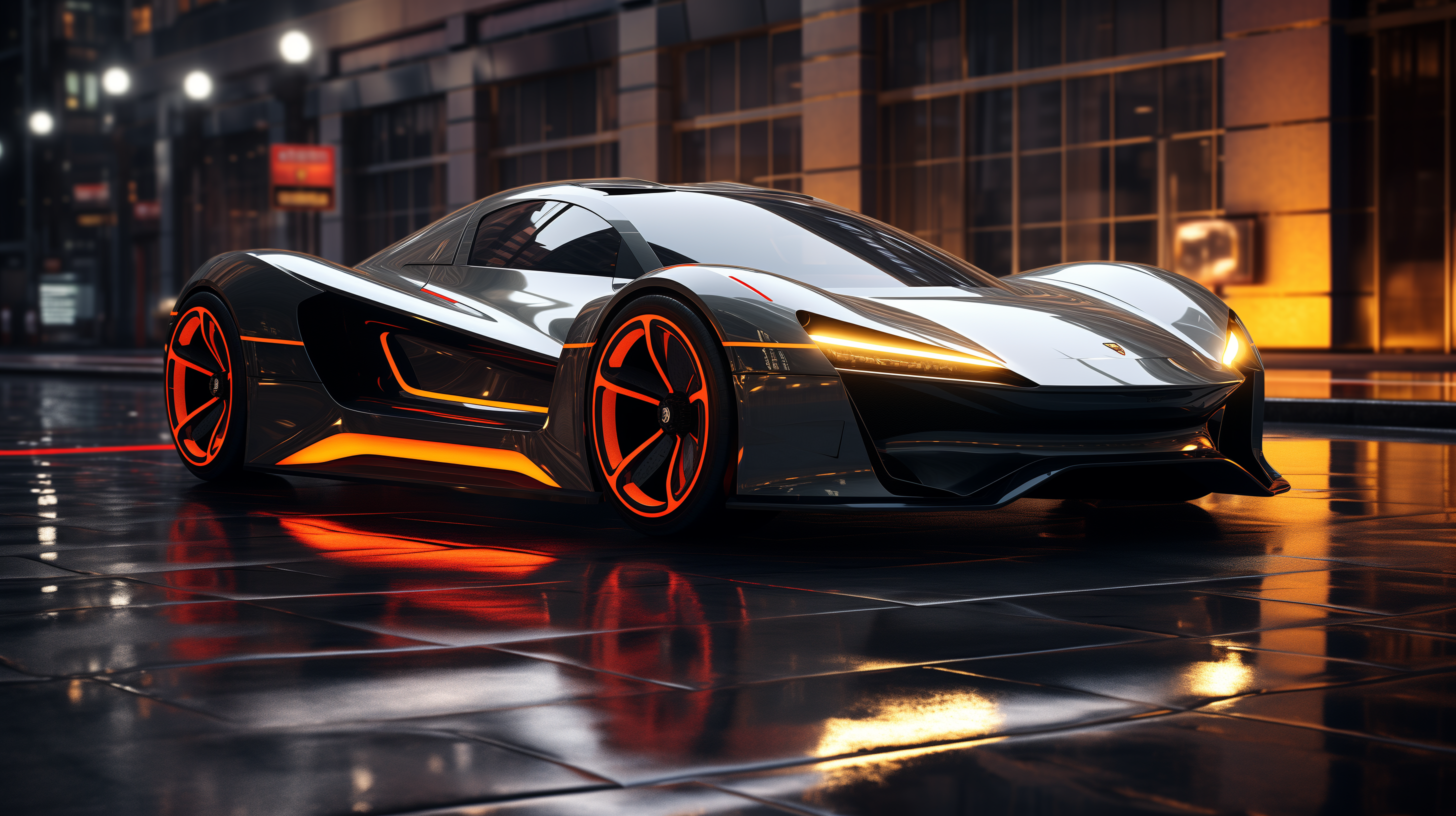 Hypercar 149 PNG — A sleek futuristic sports car with glowing orange accents parked on a wet city street at night reflecting neon lights.