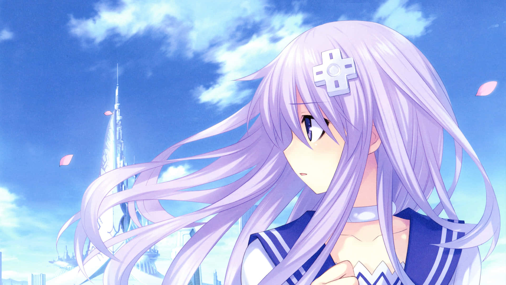 a girl with long purple hair is standing in front of a city Wallpaper