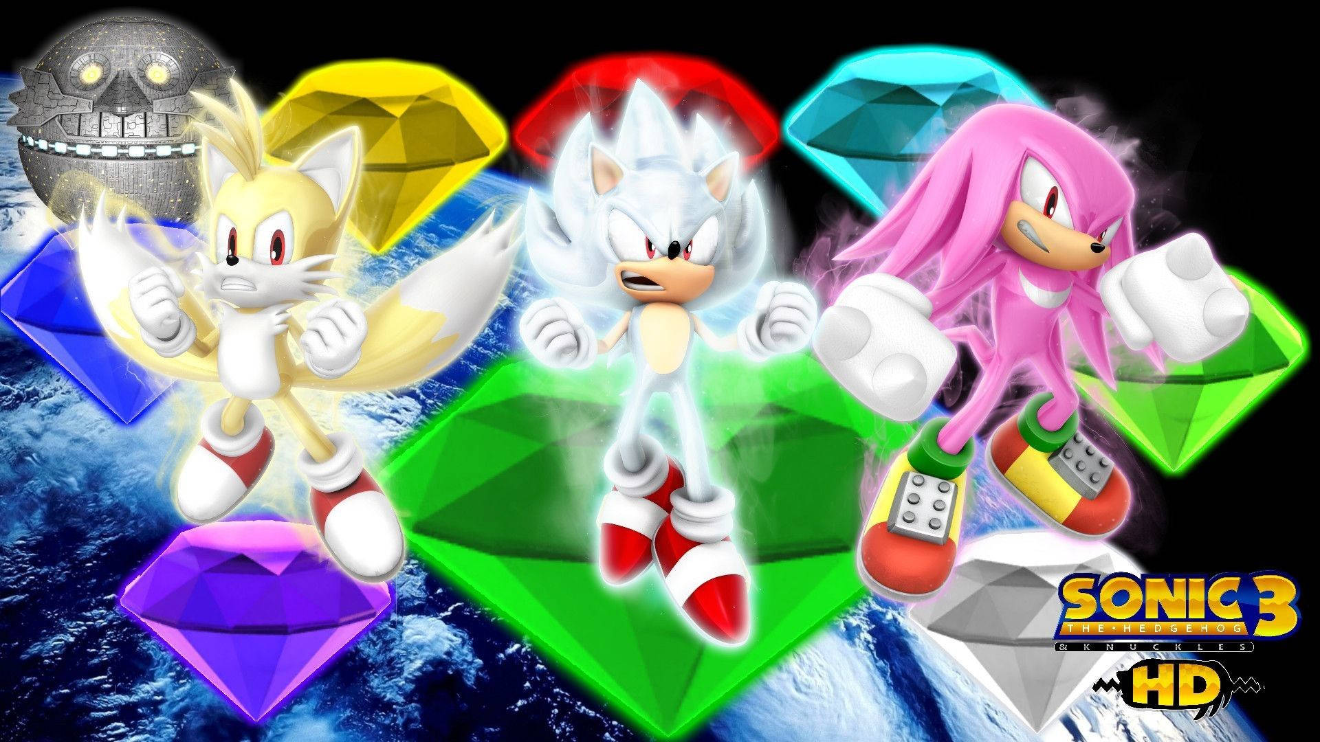 Hyper Sonic and Friends in High-Speed Adventure Wallpaper — Three iconic Sonic characters hover dynamically above Earth surrounded by glowing colorful gems and a skull-shaped moon.