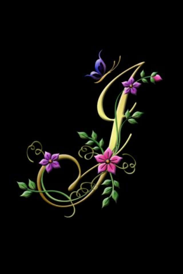 Et blomsterdesign med blomster og sommerfugle på en sort baggrund. Wallpaper