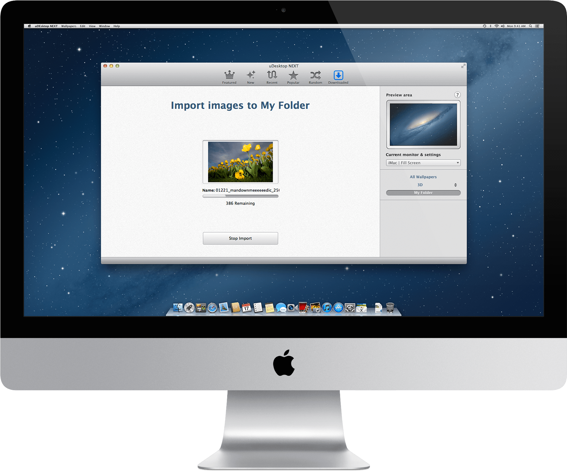 i Mac Image Import Process PNG — An iMac displays a wallpaper import window against a starry night sky desktop background.
