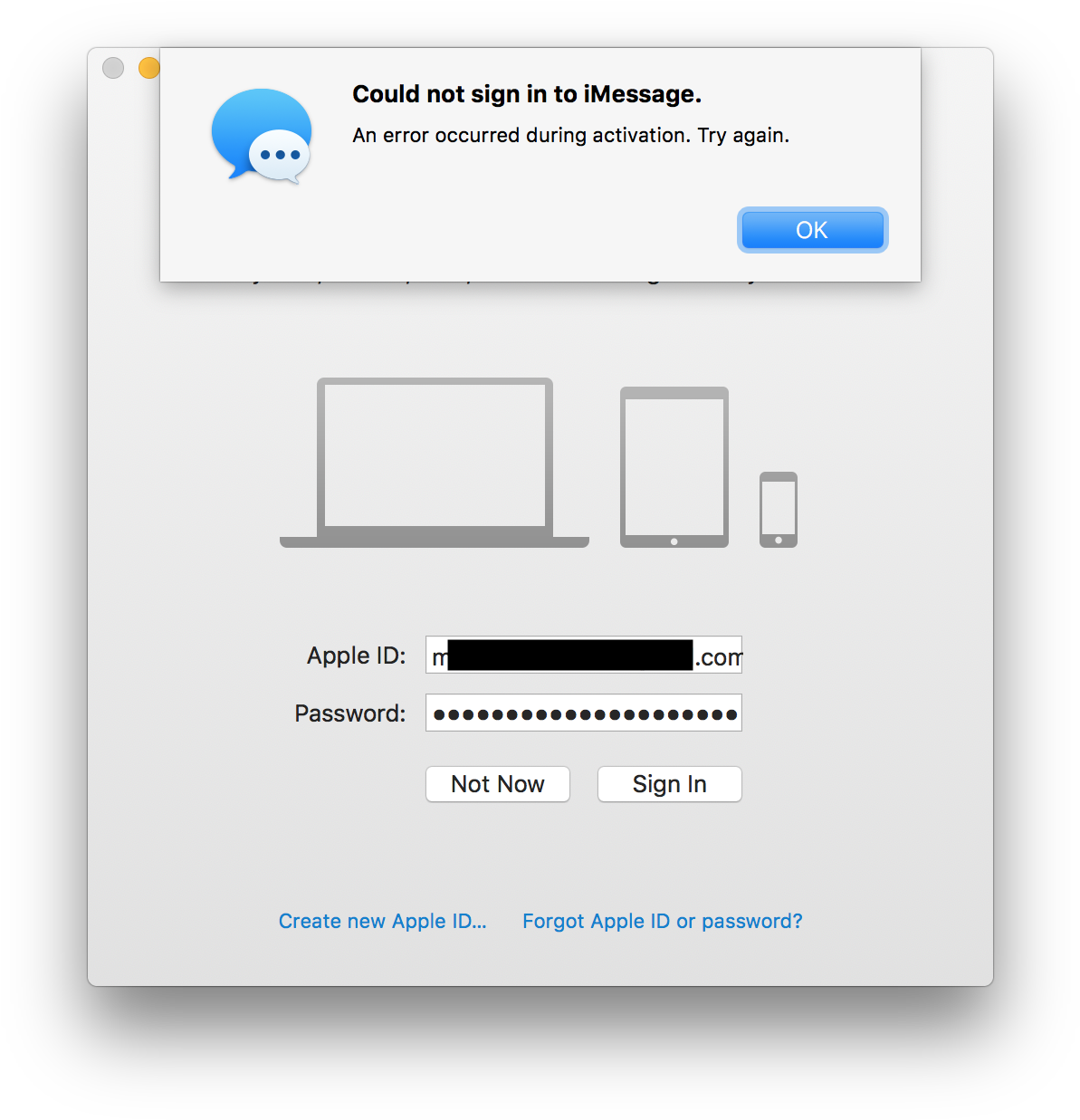 i Message Activation Error Screen PNG — A macOS iMessage login screen showing an error message about activation failure.