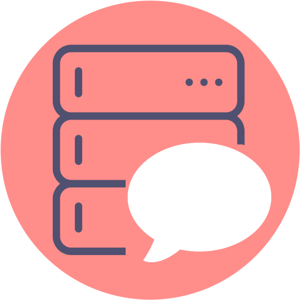 i Message Chat Bubbles Icon PNG — Pink circular icon with stacked server outlines and a white speech bubble suggesting communication or chat support.