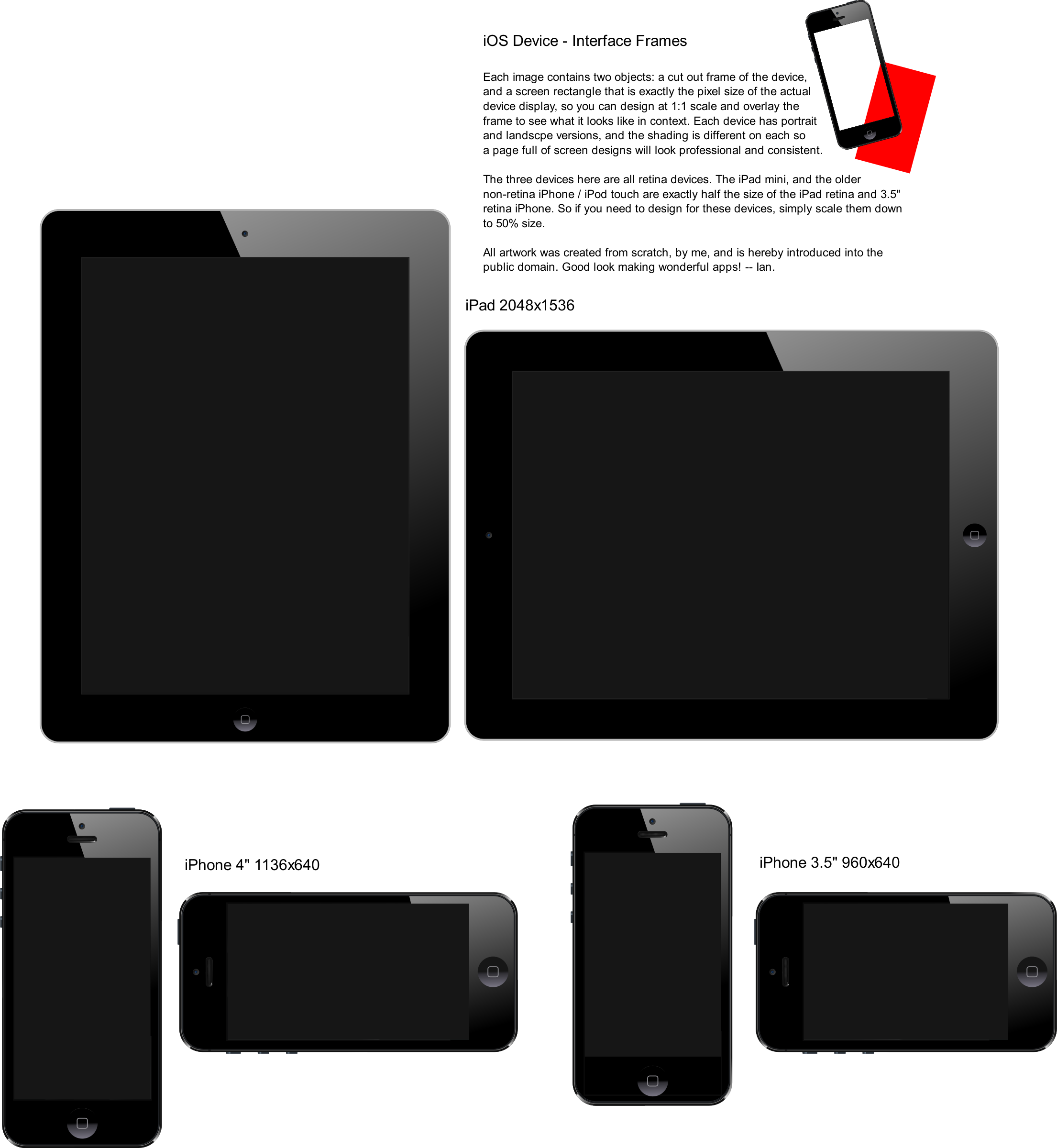 i O S Device Interface Frames PNG — Six sleek black tablets and smartphones with blank screens arranged against a pure black background.
