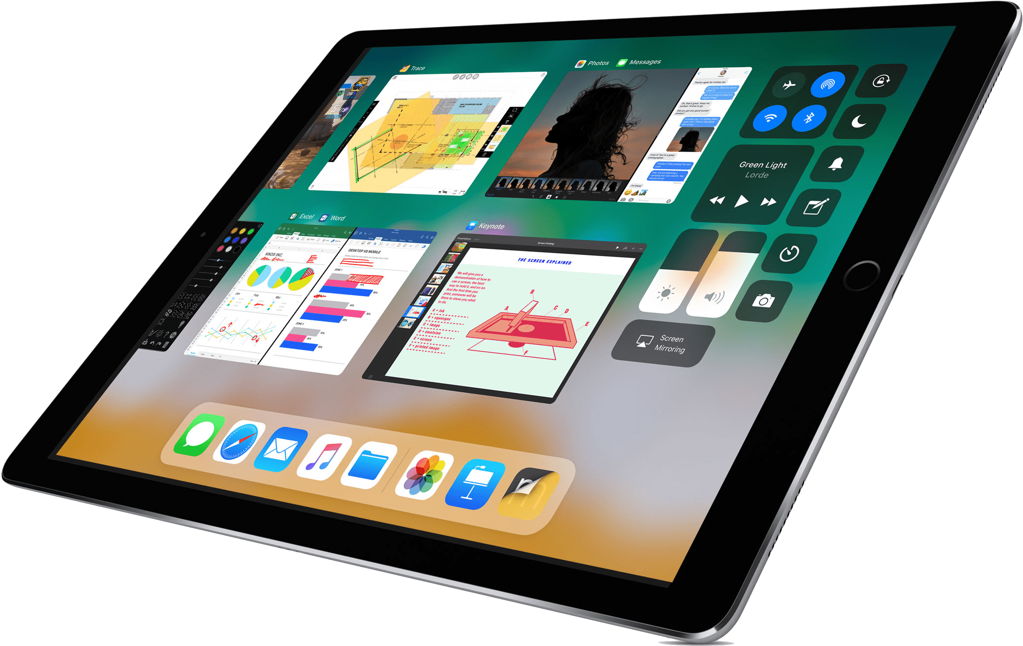 i Pad Pro Multitasking Interface PNG — A sleek silver iPad displays a vibrant multitasking interface with split-screen apps including maps charts and a silhouette photo against a dark background.