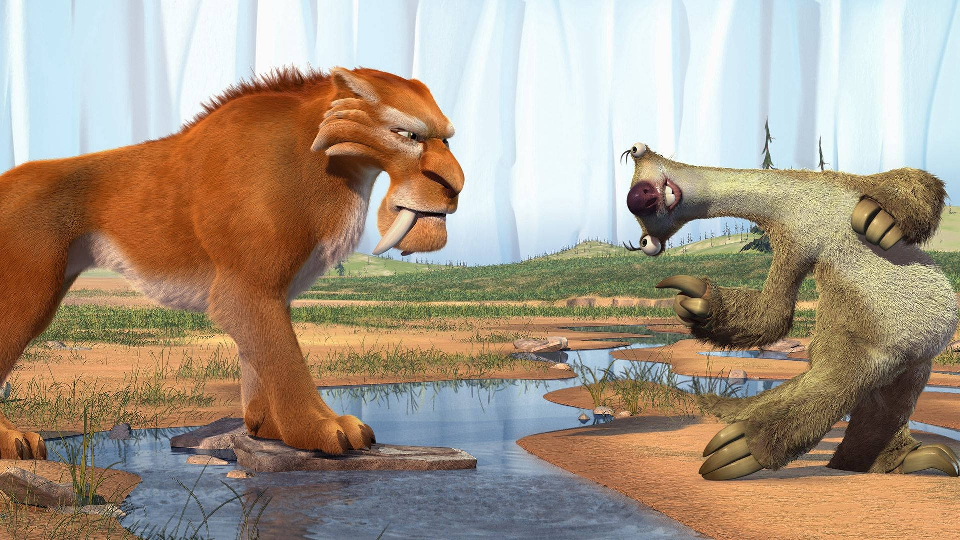 Sloth joins Diego and Sid as they fend of a Saber-Toothed Tiger in Ice Age Wallpaper