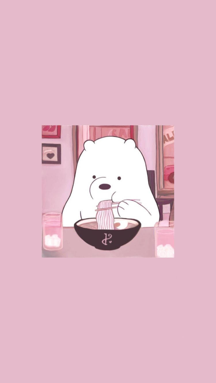 Ice Bear Eating Ramen Pink Aesthetic Background