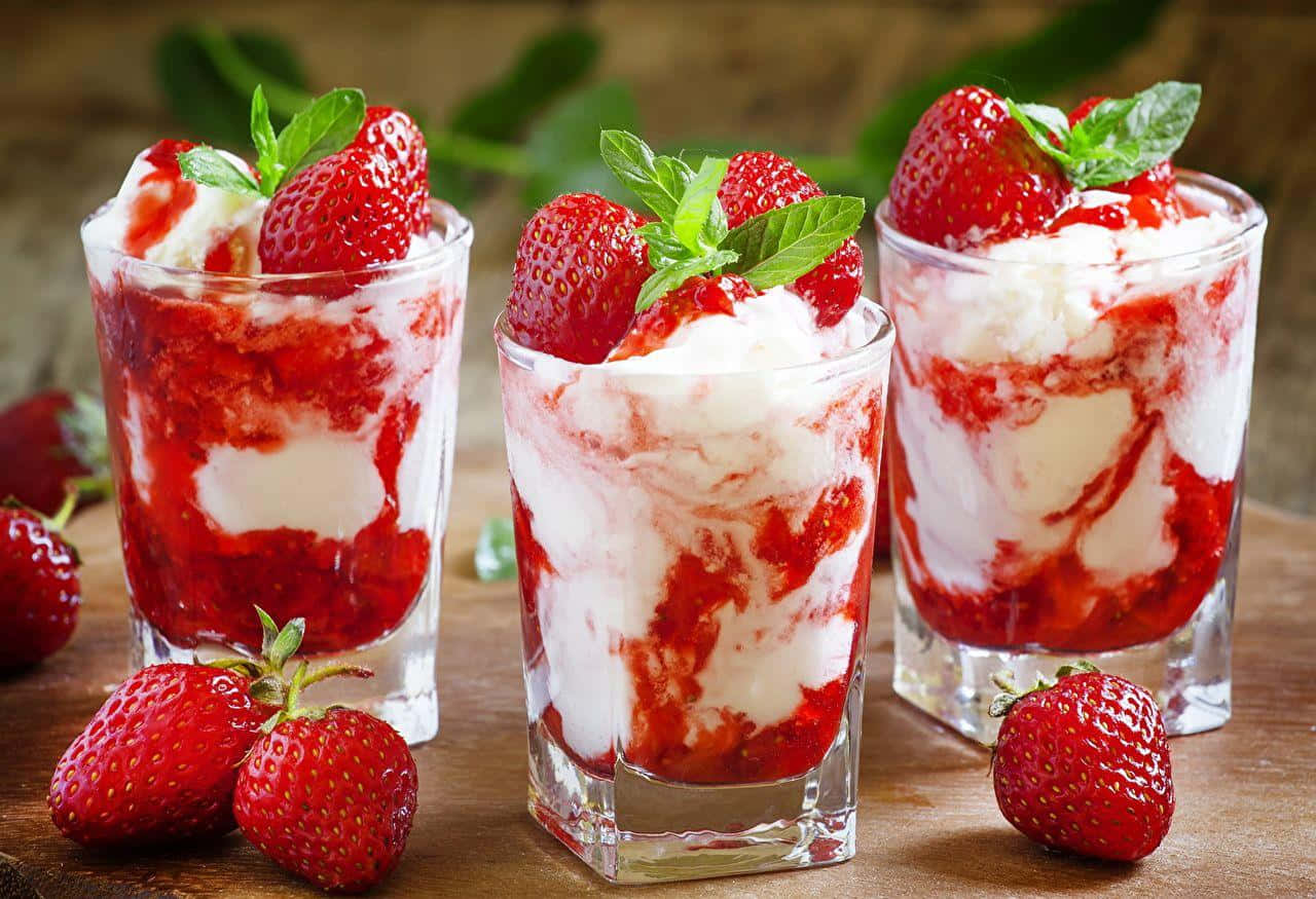 Three Glasses With Strawberries And Whipped Cream