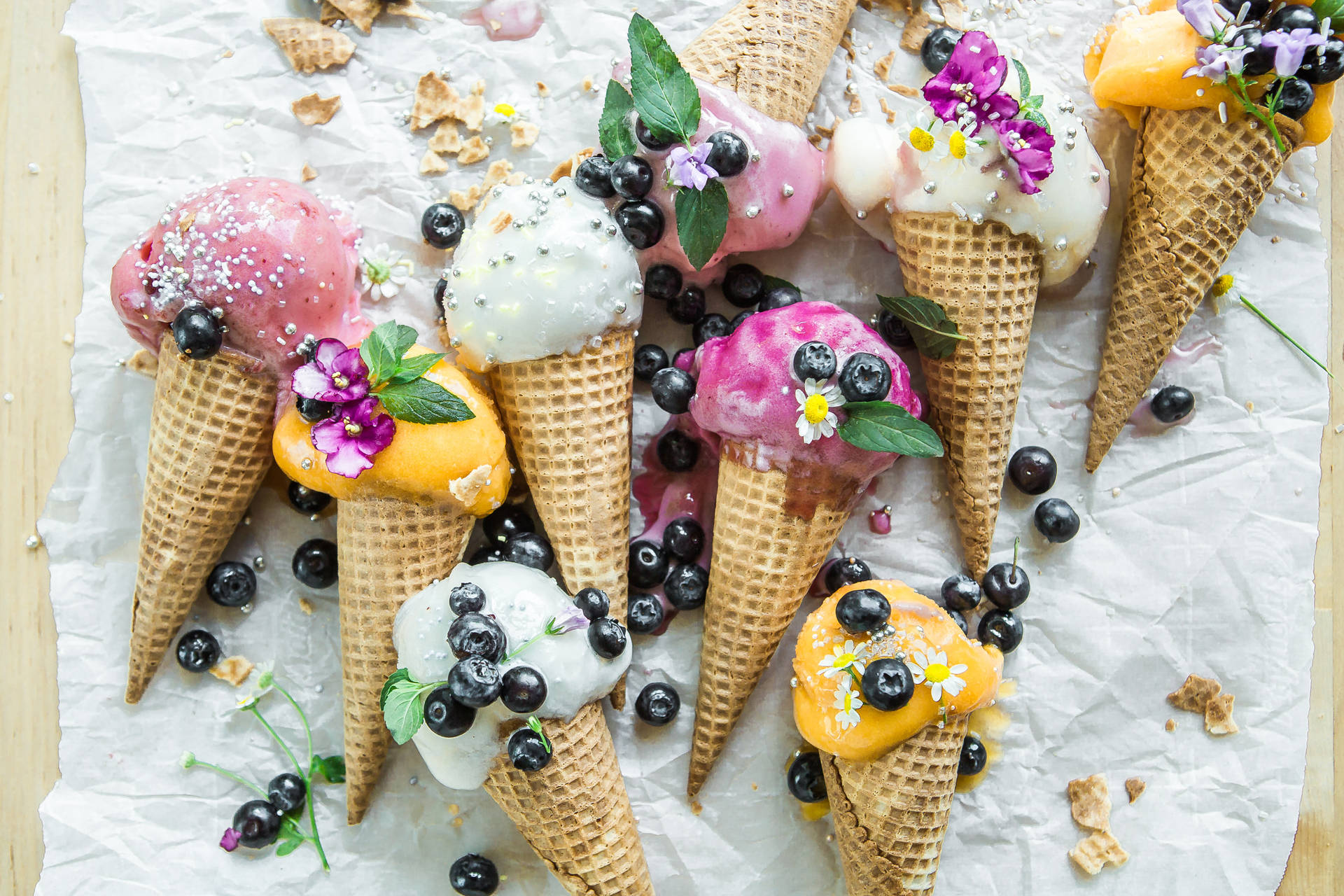 Ice Cream Scoops With Blackberries Wallpaper
