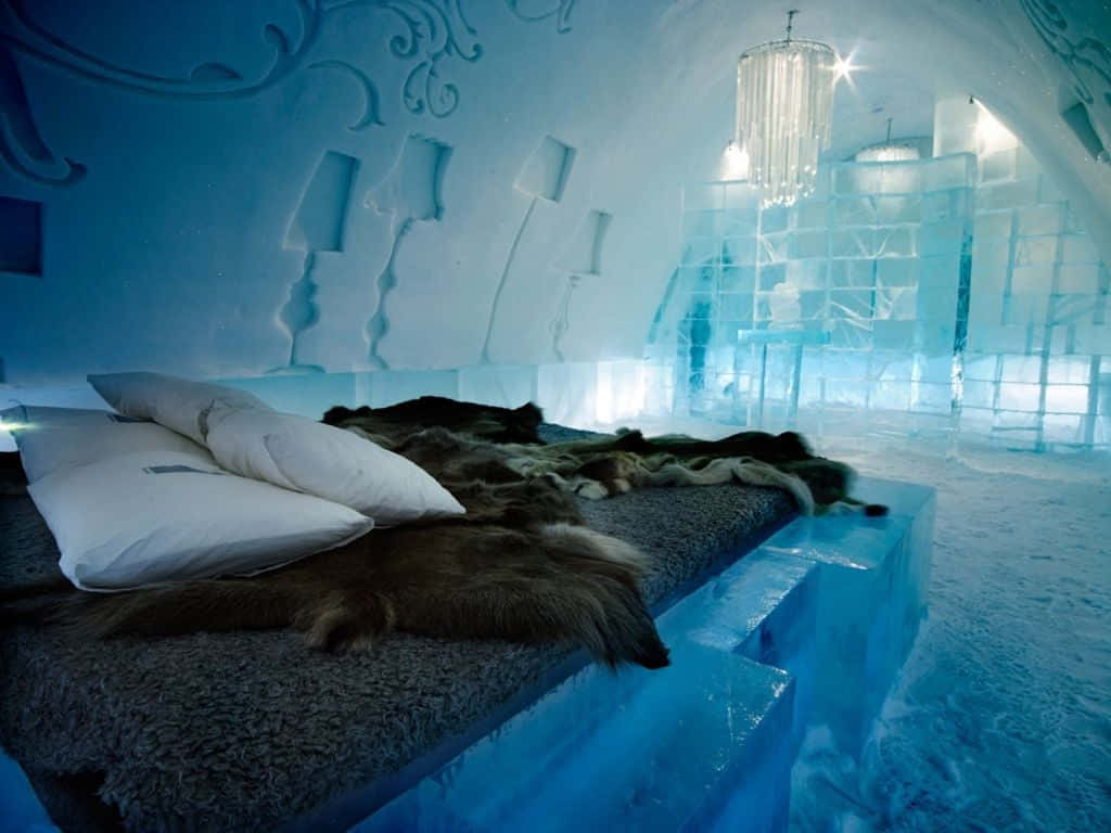 Magnificent Ice Hotel Suite with Intricate Carvings Wallpaper