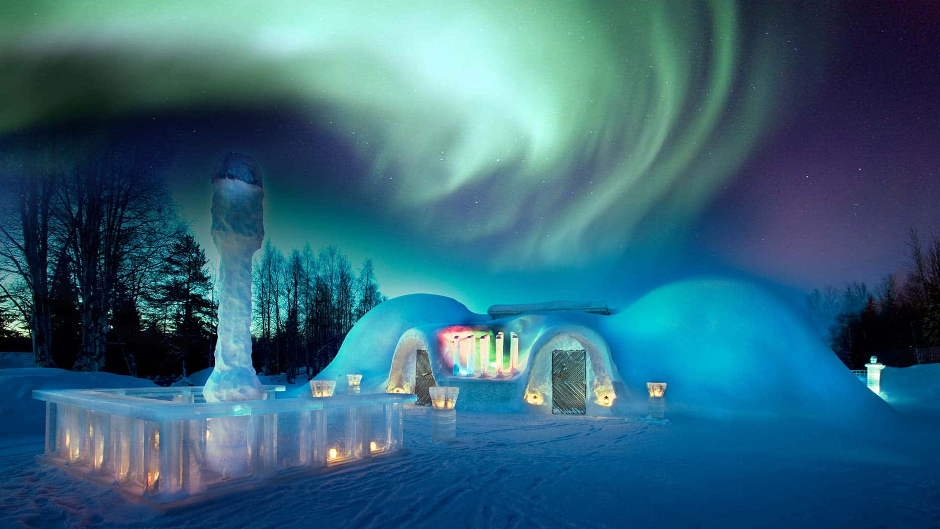 Majestic Ice Hotel Suite Artfully Carved and Illuminated Wallpaper