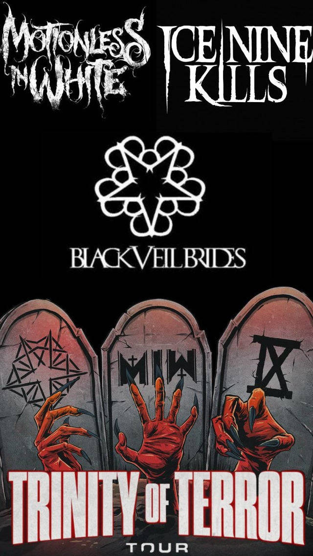 Et plakat for Ice Nine Kills og Blackvelvet Birds Trinity of Terror. Wallpaper