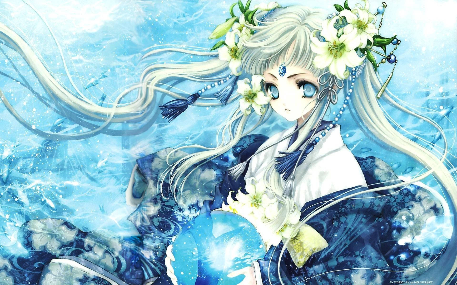 Animated princess in a white and blue outfit in an ice background, HD wallpaper.