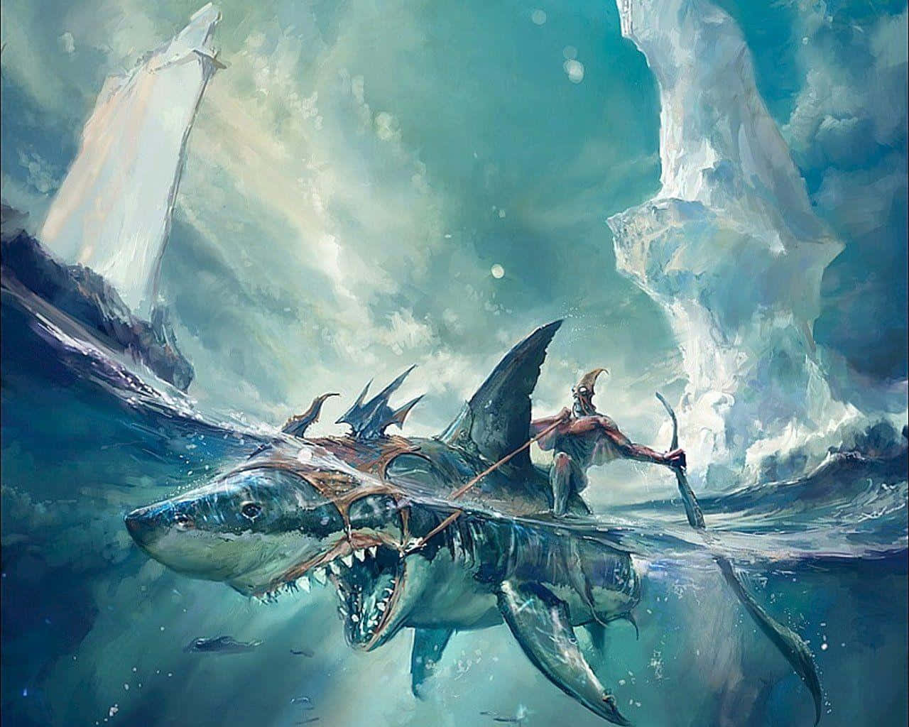 Iceberg_ Realm_ Shark_ Rider Wallpaper