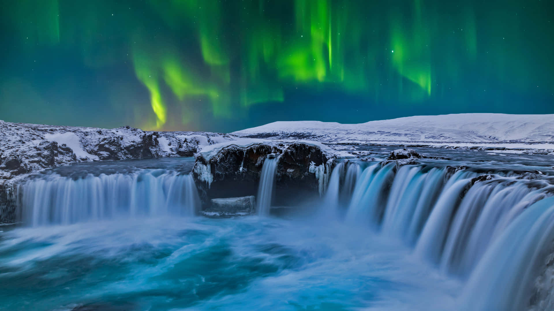 Waterfalls With Aurora In Iceland Desktop Wallpaper
