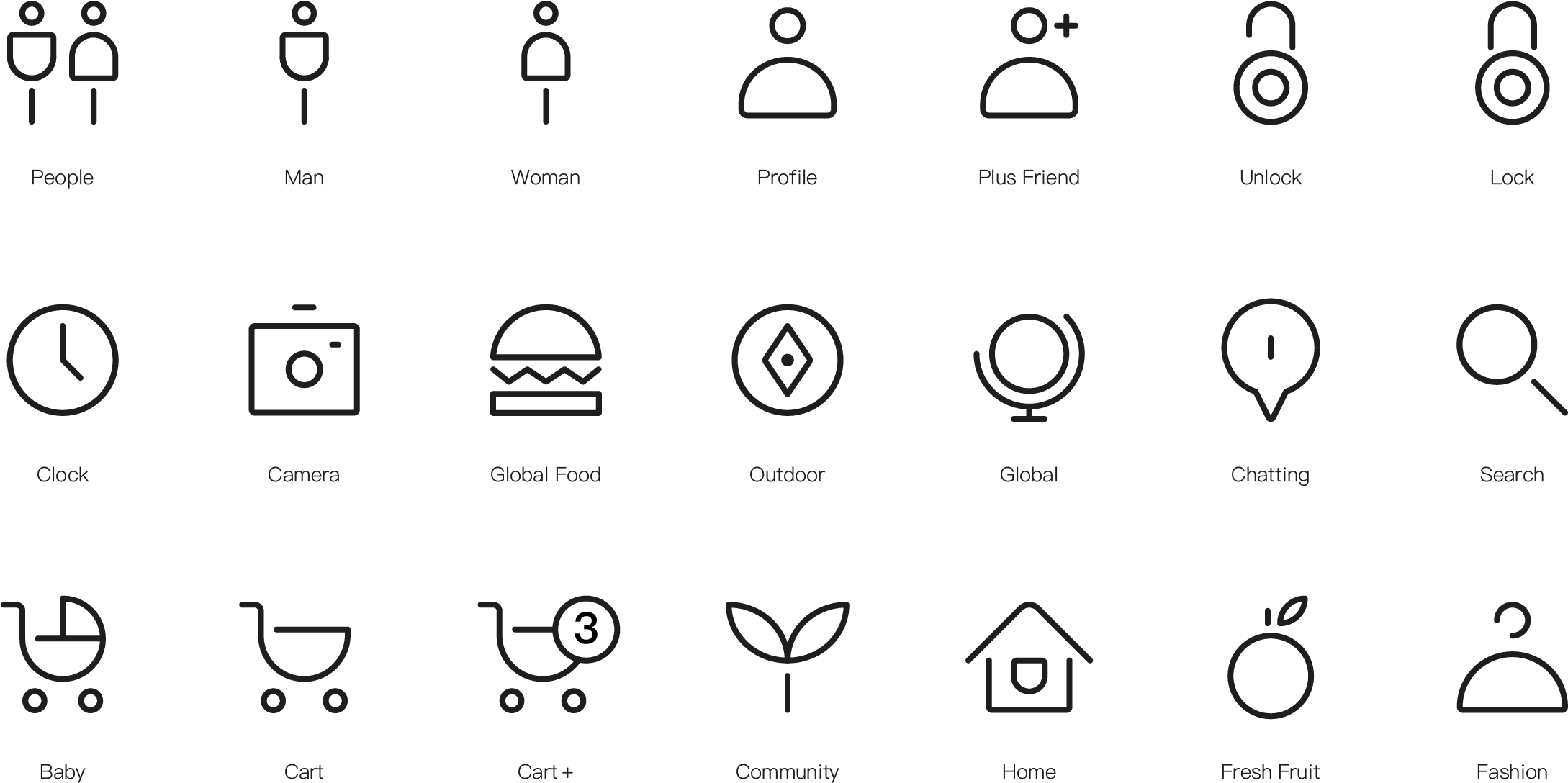 Icon Set User Interface Elements PNG — Minimalist white line icons on black background for app navigation including people food and settings.