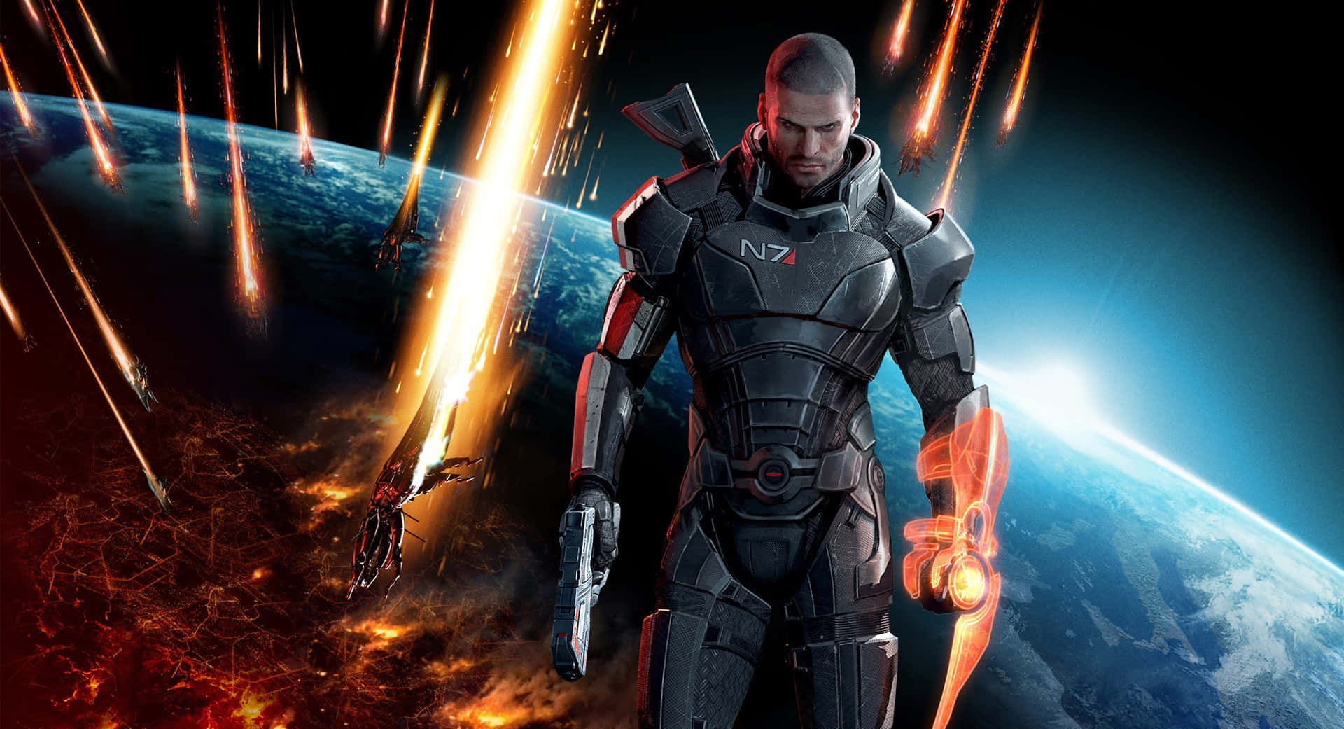 Iconic Heroic Stance Of Commander Shepard In Mass Effect Paragon Wallpaper