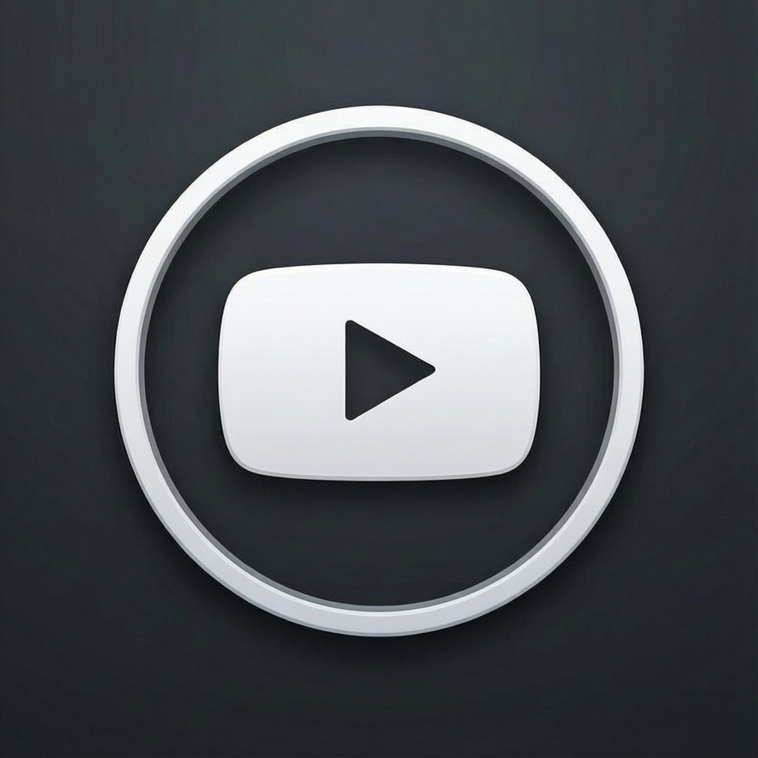 En hvid YouTube-afspilningsknap i en cirkulær ikonramme på en mørkegrå baggrund, app-ikonstil.